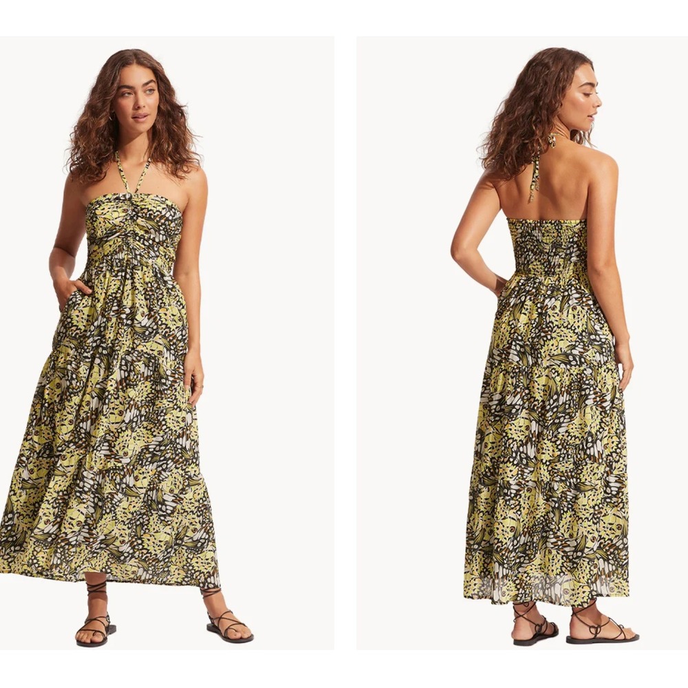 SEAFOLLY Australia‎ Butterfly Print Halter Maxi Tiered Dress Beach Smocked XS